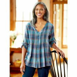 Wholesale ✨ Vermont Country Store Pintuck Plaid Brushed-Cotton Tunic Top Blue 🌟