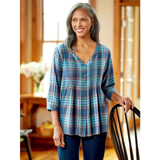 Wholesale โจ Vermont Country Store Pintuck Plaid Brushed-Cotton Tunic Top Blue ๐ 4 Wholesale โจ Vermont Country Store Pintuck Plaid Brushed-Cotton Tunic Top Blue ๐ - Image 4