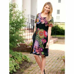 New 🥰 Vermont Country Store Bright Print Jersey Knit Tunic 👗 Dress Black Print 😉