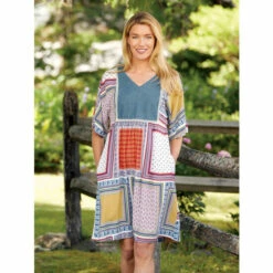 Best deal 😍 Vermont Country Store Patchwork Print Rayon 👗 Dress Blue Multi ⭐