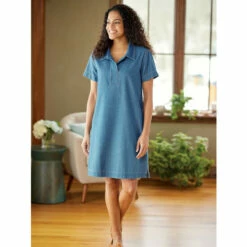 Best deal ❤️ Vermont Country Store Casual Denim Short-Sleeve Popover 👗 Dress 🔔