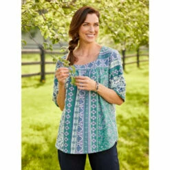 Buy 🛒 Vermont Country Store Floral Cotton Knit A-Line 👗 Dress Teal 🔥