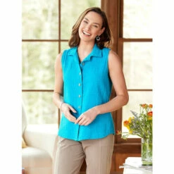 Top 10 🔥 Vermont Country Store 👩 Women's Crinkle Cotton Sleeveless Button-Front Top White 💯 -Outlet womens clothing Store unnamed file 267