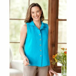 Top 10 🔥 Vermont Country Store 👩 Women's Crinkle Cotton Sleeveless Button-Front Top White 💯 -Outlet womens clothing Store unnamed file 269