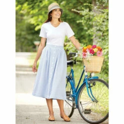 Best deal 😀 Vermont Country Store Button-Front Cotton Seersucker 👗 Skirt Blue 💯