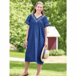 Top 10 ⭐ Vermont Country Store Embroidered Denim Muumuu With Flutter Sleeves ✨