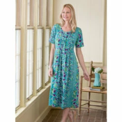 Best Pirce 🛒 Vermont Country Store Delightful Garden Button-Front 👗 Dress Teal Floral 💯