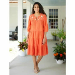 Coupon ✔️ Vermont Country Store Embroidered Leaves Crinkle Cotton Tiered 👗 Dress Spice 🛒