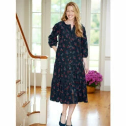 Cheap 🛒 Vermont Country Store Pinwale Corduroy Tiered 👗 Dress Navy Floral ⌛