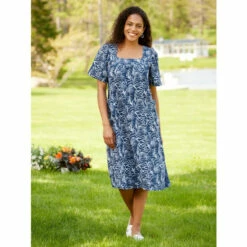 Cheap ⌛ Vermont Country Store Short-Sleeve Cotton Gauze Print Muumuu Navy ❤️
