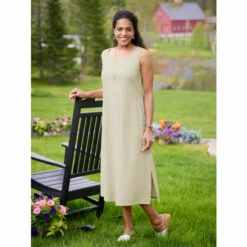 Discount 😀 Vermont Country Store Easy Comfort Linen/Rayon Sleeveless Popover 👗 Dress Oatmeal ⌛