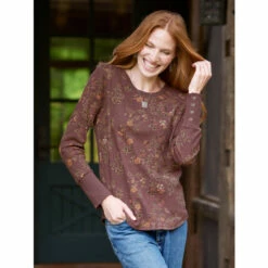 Outlet ๐ฅฐ Vermont Country Store ๐ฉ Women's Waffle-Knit Floral-Print Top Burgundy Floral ๐