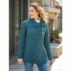 Best Sale 🛒 Vermont Country Store 👩 Women's Irish Supersoft Wool 3-Button Long Cardigan Teal 😀