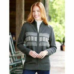 Cheapest ❤️ Vermont Country Store 👩 Women's Winter Wonderland Full-Zip Cardigan Charcoal 🛒