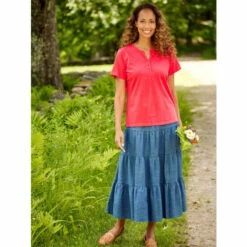 New 😉 Vermont Country Store Denim 4-Tier Pull-On 👗 Skirt ✔️