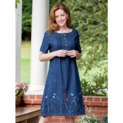Best Pirce 🎁 Vermont Country Store Embroidered Denim Pintuck 👗 Dress 🛒