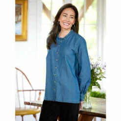 Promo 🤩 Ella Simone Ruffle-Neck Denim 👕 Shirt Blue 🔔