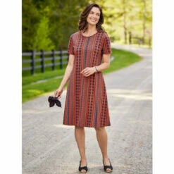 Cheapest ✔️ Vermont Country Store Vertical-Print Cotton Knit 👗 Dress Rust Multi 🌟 -Outlet womens clothing Store unnamed file 528