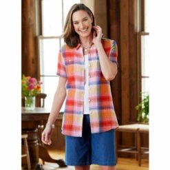 Best Pirce 🛒 Vermont Country Store 👩 Women's Bold Plaid Short-Sleeve Cotton Gauze Boyfriend 👚 Shirt Fuchsia 🔥 -Outlet womens clothing Store unnamed file 542