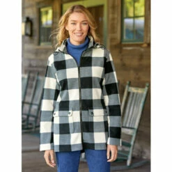 Budget ❤️ Vermont Country Store 👩 Women's Full-Zip Double-Fleece Jacket With Hood Ivory/black 🔔