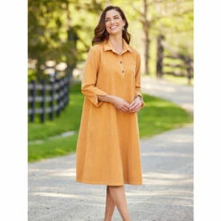 Wholesale 😉 Vermont Country Store Wide-Wale Corduroy A-Line 👗 Dress With 3/4 Sleeves Camel 🛒